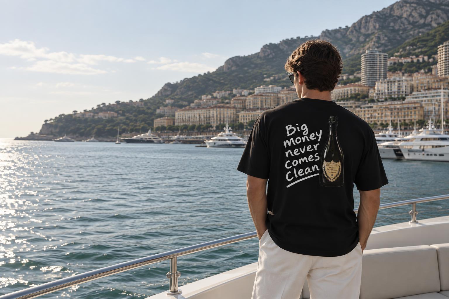 Das schwarze NCC Shirt mit Rückenprint am Hafen